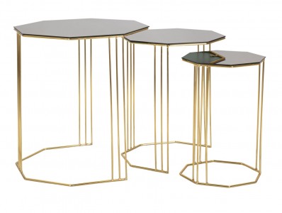 Set 3 mese de cafea din metal si sticla, Octagon Bronz / Auriu, Ø49,5xH55 cm / Ø39,5xH50 cm / Ø29,5xH45 cm