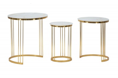 Set 3 mese de cafea din metal si sticla Paris A Marmura / Auriu, Ø47xH55,5 / Ø37,5xH50,5 / Ø28,5xH45 cm