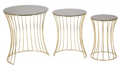 Set 3 mese de cafea din metal si sticla, Wind Bronz / Auriu, Ø47xH55 cm / Ø37xH50 cm / Ø28xH45 cm