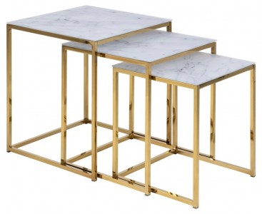 Set 3 mese de cafea din sticla si metal, Alisma Alb / Auriu, L50xl50xH55 cm / L45xl45xH50 cm / L40xl40xH45 cm