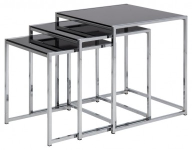 Set 3 mese de cafea din sticla si metal, Cross Negru / Crom, L50xl50xH55 cm / L45xl45xH50 cm / L40xl40xH45 cm