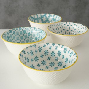 Set 4 boluri din portelan Caroli Petrol / Alb, Modele Asortate, Ø12xH6 cm