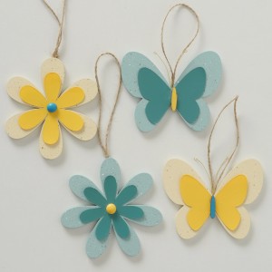 Set 4 decoratiuni suspendabile din lemn, Volody Albastru / Galben Ø10 cm 