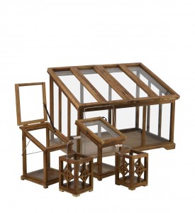 Set 4 felinare decorative si cutie depozitare din sticla si lemn, Stain S5 Natural / Transparent, L60xl38xH45 cm / L23xl23xH35 cm / L15xl15xH20 cm