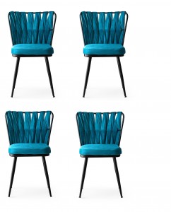 Set 4 scaune tapitate cu stofa si picioare metalice, Kusa 158 Velvet Albastru / Negru, l43xA43xH82 cm