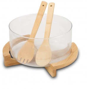 Set bol din sticla cu suport bambus si 2 ustensile pentru salata, Elegance Transparent / Natural, Ø21xH13,5 cm