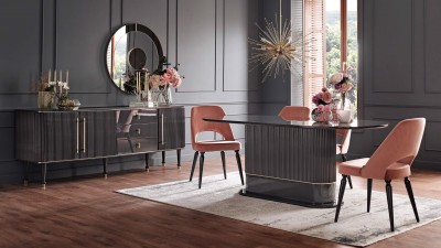 Set de mobila dining din MDF si pal, 7 piese Olivia Antracit