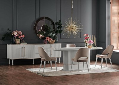 Set de mobila dining din MDF si pal, 7 piese Olivia Crem