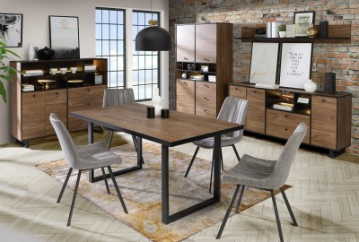 Set de mobila dining din metal si pal, 5 piese Sedna Stejar / Negru