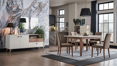 Set de mobila dining din pal, 9 piese Mayer Alb / Stejar