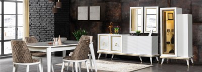 Set de mobila dining din pal si metal, 11 piese Toscana Alb / Auriu