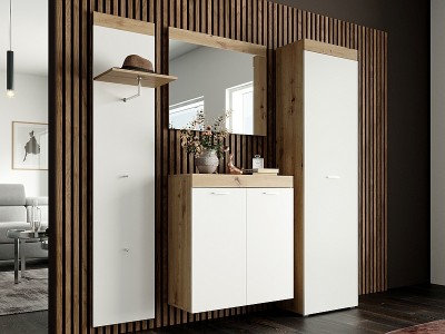 Set de mobila hol din pal, 4 piese Peer-010 Stejar Artisan / Alb Mat