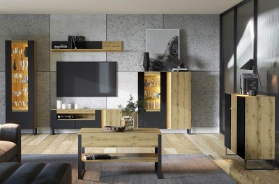 Set de mobila living din pal, MDF metal si sticla, 6 piese, Mono Light Stejar Evoke / Negru Mat