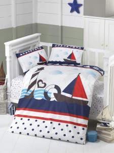 Set lenjerie pentru copii, din bumbac Ranforce, 4 piese, Barca Multicolor, 100 x 150 cm