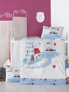 Set lenjerie pentru copii, din bumbac Ranforce, 4 piese, Nautic Multicolor, 100 x 150 cm