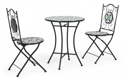 Set masa + 2 scaune pliabile pentru gradina / terasa, din ceramica si metal, Positano Multicolor / Negru, Ø60xH75 cm