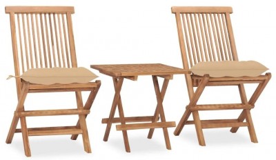 Set masa + 2 scaune pliabile pentru gradina / terasa, din lemn de tec, Gino Natural / Bej, L50xl50xH50 cm