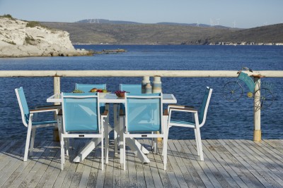 Set masa de gradina / terasa din aluminiu si sticla Sydney Alb + 6 scaune de gradina Ottowa Albastru deschis / Alb, L150xl90xH77 cm