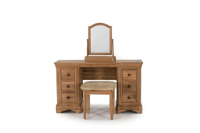 Set masa de toaleta cu oglinda si taburet, din lemn de stejar si furnir Carmen Oak, L130xl42,5xH75 cm