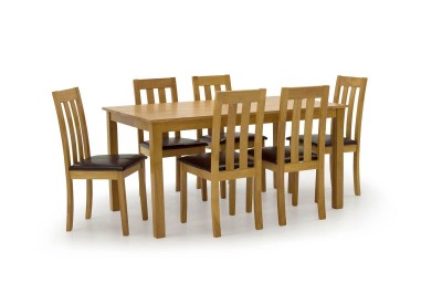Set masa din lemn de cauciuc + 6 scaune cu sezut tapitat cu piele ecologica Annecy Oak / Brown, L150xl90xH75 cm