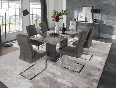 Set masa din marmura si MDF Donatella Grey + 6 scaune tapitate cu stofa, cu picioare metalice Donatella Grey, L160xl100xH76 cm
