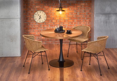 Set masa rotunda din MDF, furnir si metal Carmelita Nuc / Negru + 4 Scaune din ratan sintetic cu picioare metalice Kai-407 Natural / Negru, Ø100xH75 cm