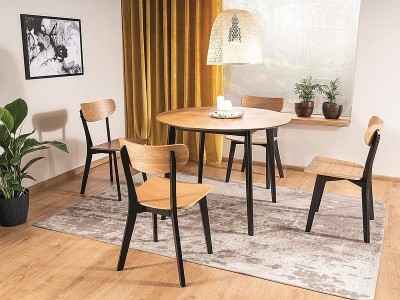 Set masa rotunda din MDF si furnir, Tactic Stejar / Negru + 4 Scaune din lemn, Tactic Stejar / Negru, Ø100xH76 cm