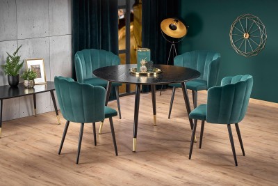 Set masa rotunda din MDF si metal Ember Negru / Auriu + 4 scaune tapitate cu stofa Kai-386 Verde inchis / Negru, Ø120xH75 cm