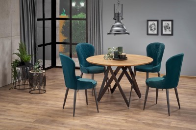 Set masa rotunda din MDF si metal, Mozare Stejar Auriu / Negru + 4 Scaune tapitate cu stofa si picioare metalice Kai-366 Velvet Verde inchis / Negru, Ø120xH75 cm