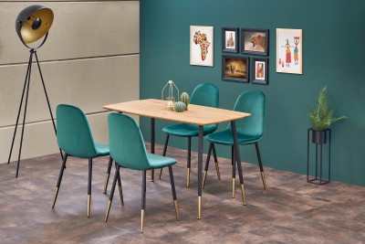 Set masa din MDF si metal, Tropolida Stejar / Negru / Auriu + 4 Scaune tapitate cu stofa si picioare metalice, Kai-379 Velvet Verde Inchis / Negru / Auriu, L120xl70xH76 cm