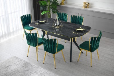 Set masa din MDF si plastic Ikon 1001 Negru / Auriu + 6 Scaune tapitate cu stofa si picioare metalice, Kusa 141 Velvet Verde / Auriu, L180xl90xH77 cm