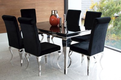 Set masa din metal si sticla Louis Black + 6 scaune tapitate cu stofa, cu picioare metalice Louis Black, L160xl90xH75 cm