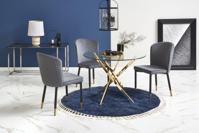 Set masa din sticla si metal, Raymandi  Transparent / Auriu + 4 Scaune tapitate cu stofa si picioare metalice, Kai-446 Velvet Gri / Negru / Auriu, Ø100xH73 cm