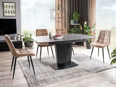 Set masa extensibila din ceramica, sticla, MDF si metal, Brian Negru + 4 Scaune tapitate cu stofa si picioare metalice, Chase Velvet Bej / Negru, L120-160xl85xH76 cm