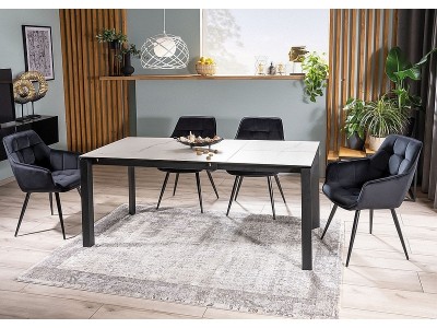 Set masa extensibila din ceramica, sticla si metal, Metrapolaris Alb / Negru + 4 Scaune tapitate cu stofa si picioare metalice, Lisbet Velvet Negru, L120-180xl80xH76 cm