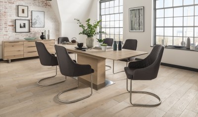 Set masa extensibila din furnir si metal Bremen Natural + 6 scaune tapitate stofa, cu picioare din metal Urbino Grey, L190-240xl95xH75 cm