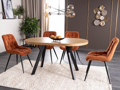 Set masa extensibila din furnir si metal, Dominy II Stejar Natural / Negru + 4 Scaune tapitate cu stofa si picioare metalice, Pasha Caramiziu / Negru, L140-272xl80xH76 cm