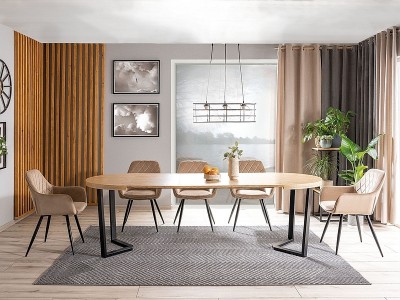 Set masa extensibila din furnir si metal, Patricio Stejar Natural / Negru + 6 Scaune tapitate cu stofa si picioare metalice, Lilibet Velvet Bej / Negru, L100-250xl100xH76 cm