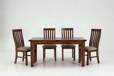 Set masa extensibila din lemn de salcam + 4 scaune cu sezut tapitat cu stofa Emerson Brown, L120-160xl90xH77 cm