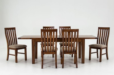 Set masa extensibila din lemn de salcam + 6 scaune cu sezut tapitat cu stofa Emerson Brown, L160-230xl90xH77 cm