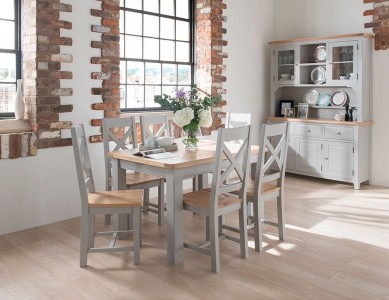 Set masa extensibila din lemn de salcam si stejar + 6 scaune Clemence Grey / Oak, L120-165xl90xH80 cm