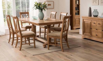 Set masa extensibila din lemn de stejar si furnir + 6 scaune cu sezut tapitat cu stofa Carmen Oak, L180-230xl100xH75,5 cm