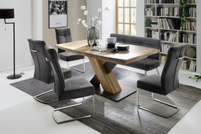 Set masa extensibila din lemn, Mendoza B Stejar Salbatic / Negru + 4 scaune tapitate cu piele ecologica Talena Antracit / Crom + 1 banca tapitata cu stofa Talena Antracit / Crom, L140-220xl90xH78 cm