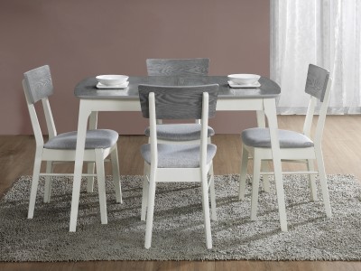 Set masa extensibila din MDF, furnir si lemn Roscoe Gri / Alb + 4 scaune din lemn, tapitate cu stofa Apsel Gri / Alb, L120-155xl80xH75 cm