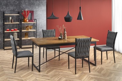 Set masa extensibila din MDF, furnir si metal, Alvarado Stejar / Negru + 4 Scaune tapitate cu stofa si picioare metalice, Kai-435 Gri / Negru, L180-240xl90xH77 cm