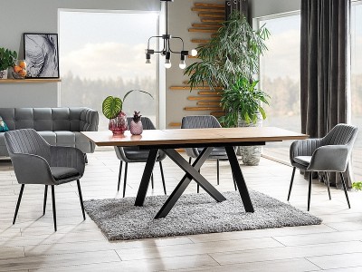 Set masa extensibila din MDF, furnir si metal, Catherina Stejar / Negru + 4 Scaune tapitate cu stofa si picioare metalice, Vanos Velvet Gri / Negru, L160-200xl90xH76 cm