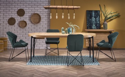 Set masa extensibila din MDF, furnir si metal, Infernalis Stejar / Negru + 4 Scaune tapitate cu stofa si picioare metalice, Kai-458 Velvet Verde Inchis / Negru, L100-300xl100xH76 cm