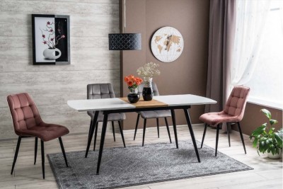 Set masa extensibila din MDF, pal si metal Damien Alb / Negru + 2 scaune tapitate Chase Velvet Roz + 2 scaune tapitate Chase Velvet Gri, L140-180xl80xH75 cm