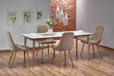 Set masa extensibila din MDF si lemn, Barnes Alb / Stejar + 4 Scaune tapitate cu stofa si picioare metalice, Kai-285 Bej / Natural, L90-190xl80xH75 cm