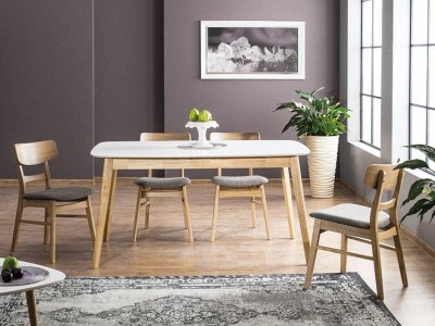 Set masa extensibila din MDF si lemn Felicitas II Alb / Stejar + 4 scaune tapitate cu stofa Cyd-61 Gri / Stejar, L150-190xl90xH75 cm